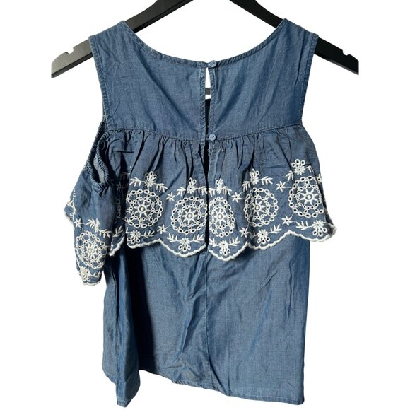 SO Ruffle Cold Shoulder Top Size Small Embroidered Eyelet Chambray Blue Boho NEW - Picture 3 of 8